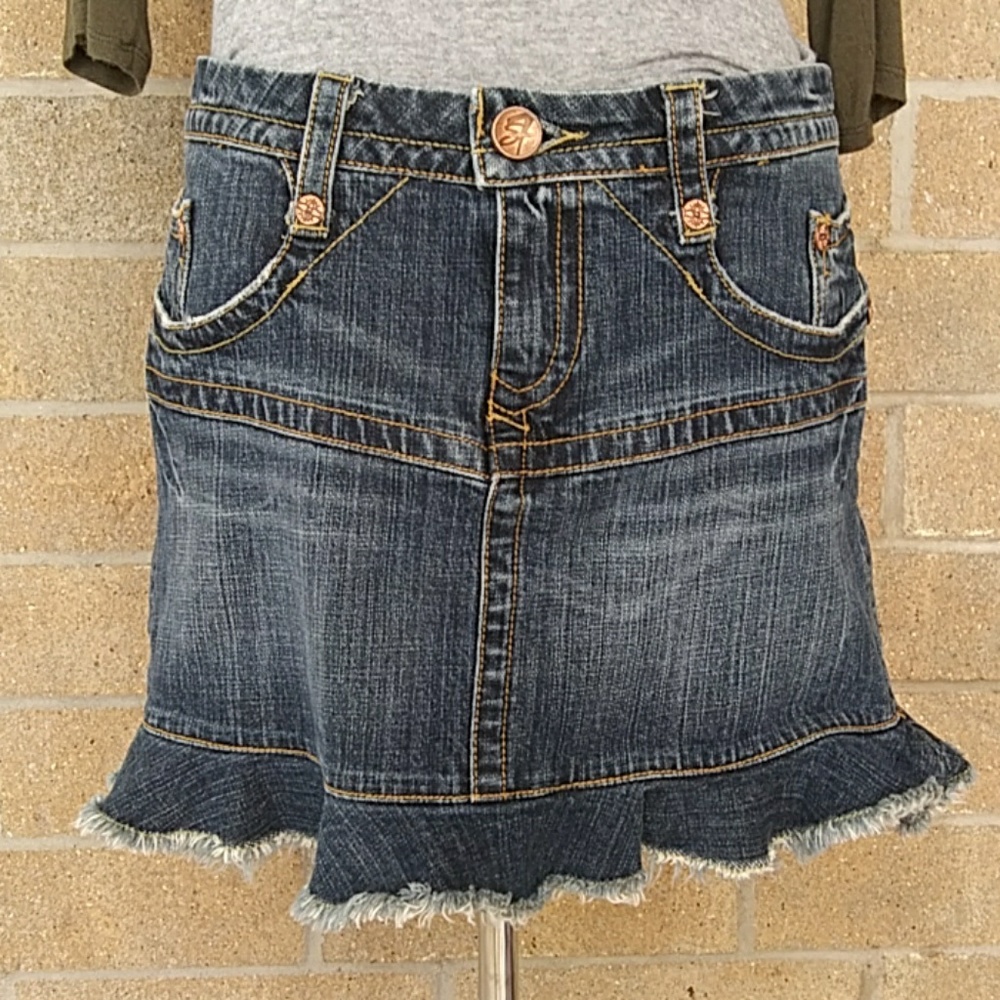 🦊 blue jean denim mini-skirt Seven7 31" 12 ruffle